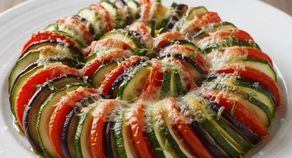 Eggplant tomato zucchini slices herbed cheese bake.