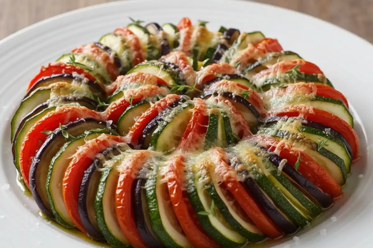 Eggplant tomato zucchini slices herbed cheese bake.