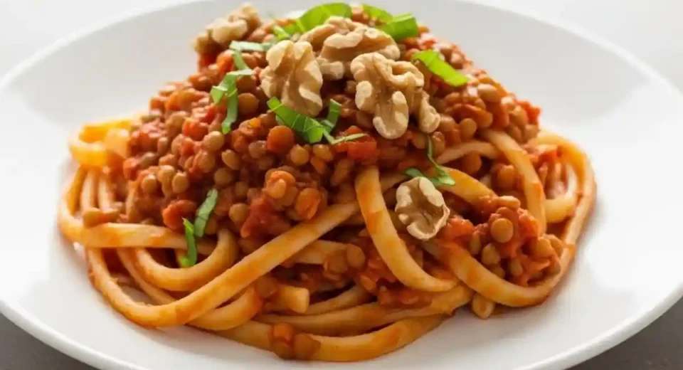 Lentil Walnut Bolognese is a vegan, hearty Italian pasta sauce made with lentils, walnuts, and tomatoes, simmered with herbs for a savory, rich dish.