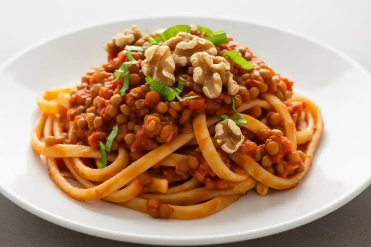 Lentil Walnut Bolognese is a vegan, hearty Italian pasta sauce made with lentils, walnuts, and tomatoes, simmered with herbs for a savory, rich dish.