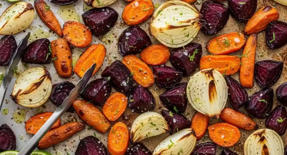 Beets carrots onions roasted lime dressing zesty.