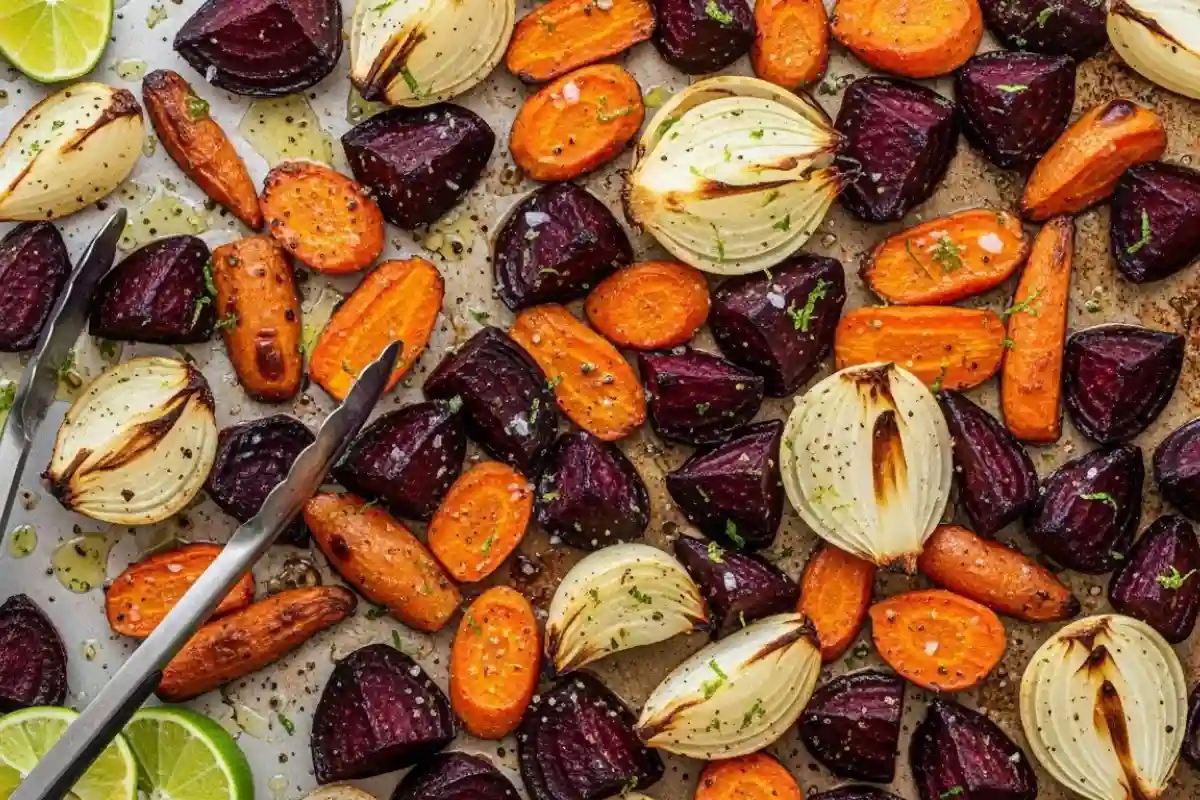 Beets carrots onions roasted lime dressing zesty.