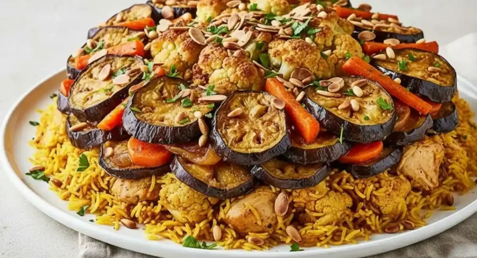 A delicious Levantine dish featuring tender meat, fragrant rice, and fried vegetables, all cooked in layers and flipped upside down to reveal a stunning presentation.