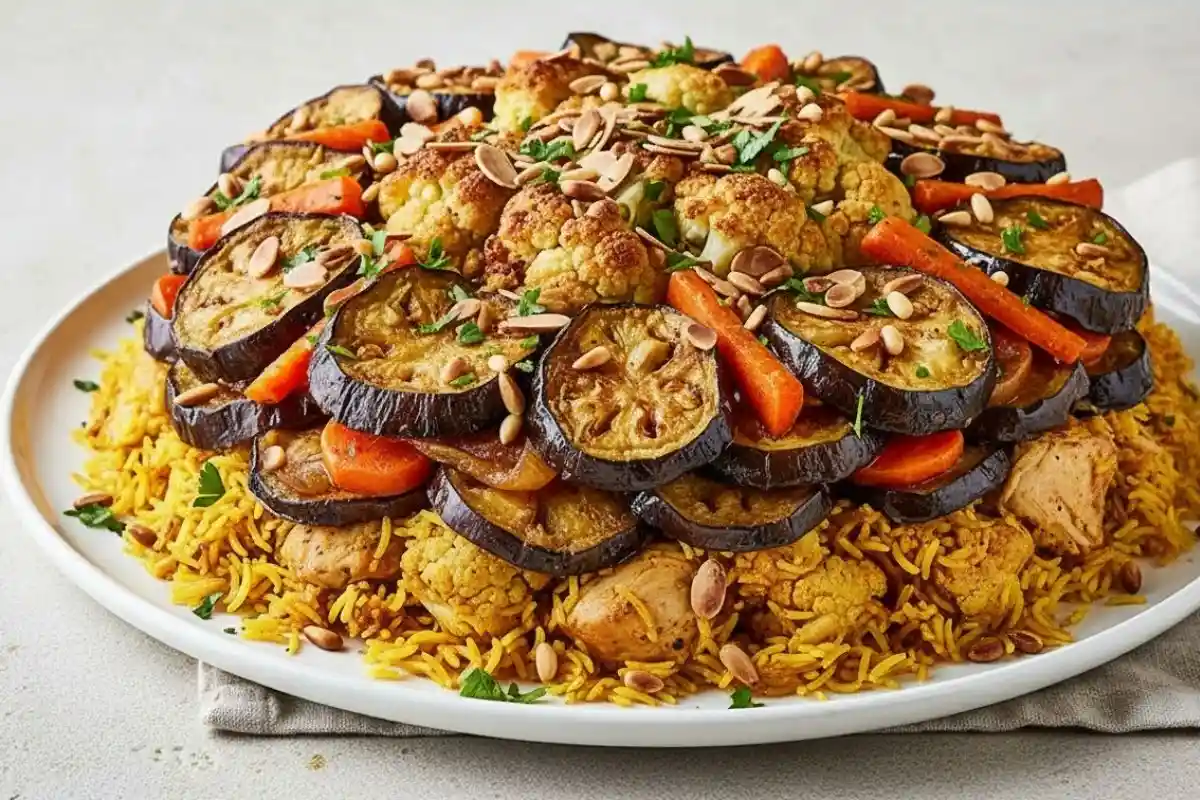 A delicious Levantine dish featuring tender meat, fragrant rice, and fried vegetables, all cooked in layers and flipped upside down to reveal a stunning presentation.