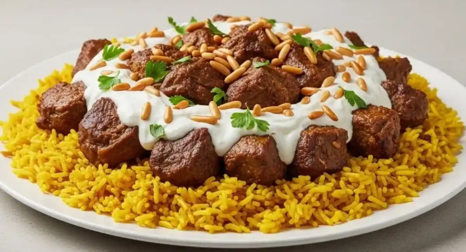 Mansaf is a traditional Jordanian dish made with tender lamb slow-cooked in a tangy yogurt sauce, served over aromatic rice and topped with nuts.