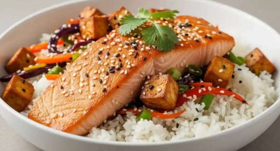 This Marinated Tofu Salmon Bowl features crispy tofu and tender salmon, both marinated in a savory, tangy sauce.