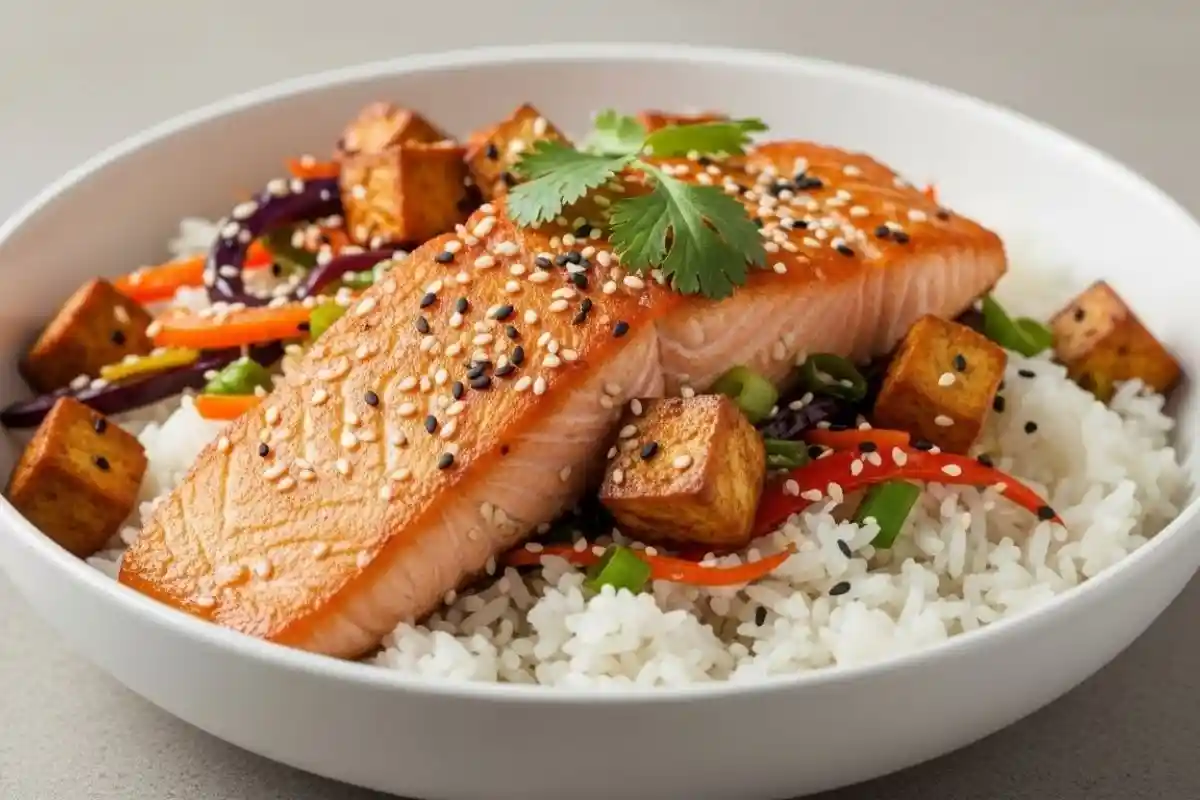 This Marinated Tofu Salmon Bowl features crispy tofu and tender salmon, both marinated in a savory, tangy sauce.