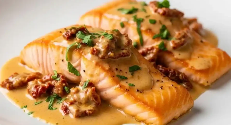 Tender salmon topped with a rich, creamy sun-dried tomato sauce.