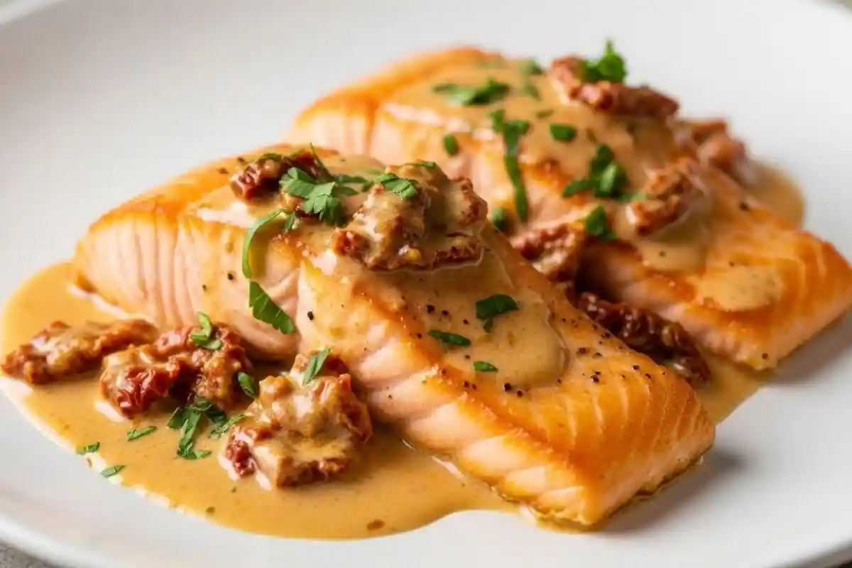 Tender salmon topped with a rich, creamy sun-dried tomato sauce.