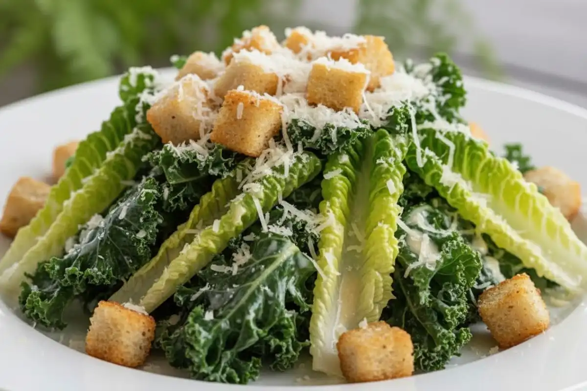 Tender massaged kale romaine tossed creamy Caesar parm croutons.