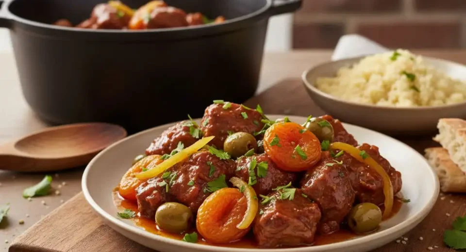 Slow-braised goat cooked Moroccan-style with warm spices, dried fruit, preserved lemon, and olives in a rich, aromatic sauce.