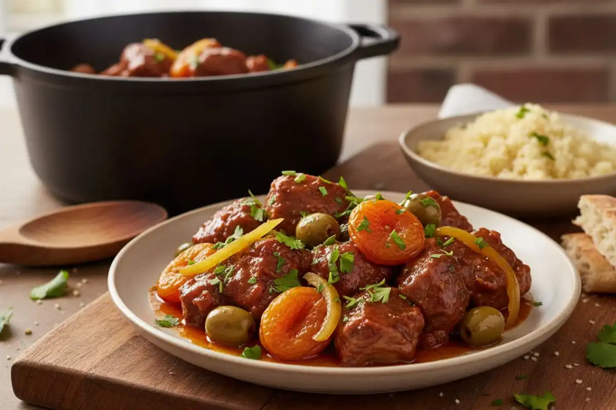 Slow-braised goat cooked Moroccan-style with warm spices, dried fruit, preserved lemon, and olives in a rich, aromatic sauce.