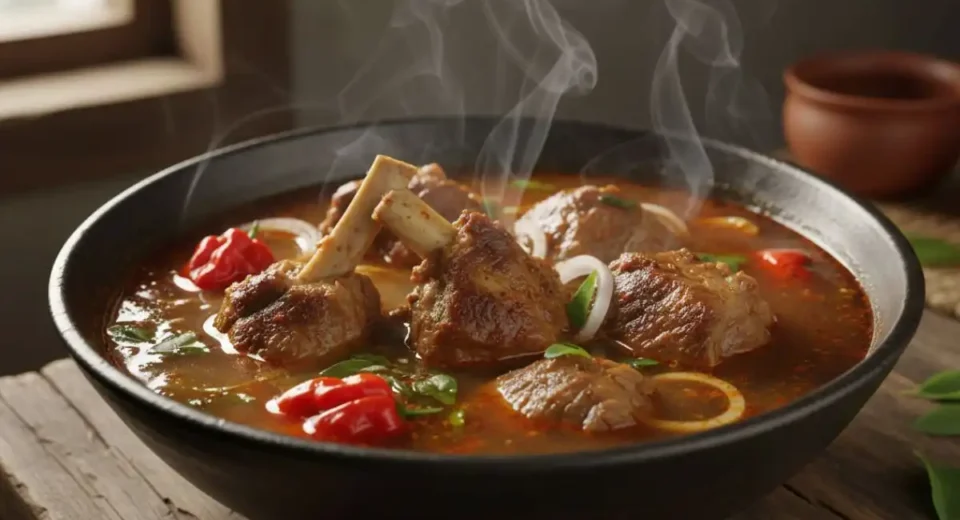 Spicy, aromatic Nigerian goat pepper soup with bone-in goat simmered in a light broth flavored with pepper soup spices and fresh chilies.