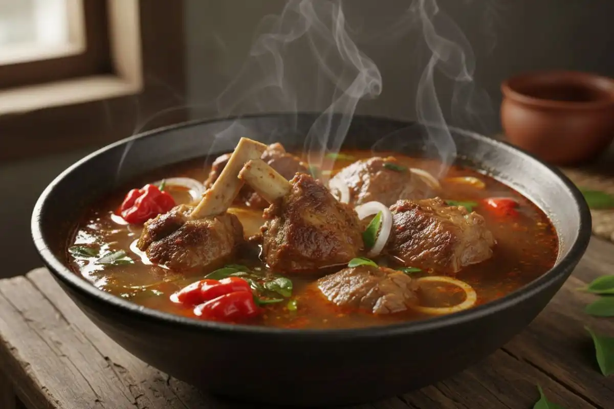 Spicy, aromatic Nigerian goat pepper soup with bone-in goat simmered in a light broth flavored with pepper soup spices and fresh chilies.