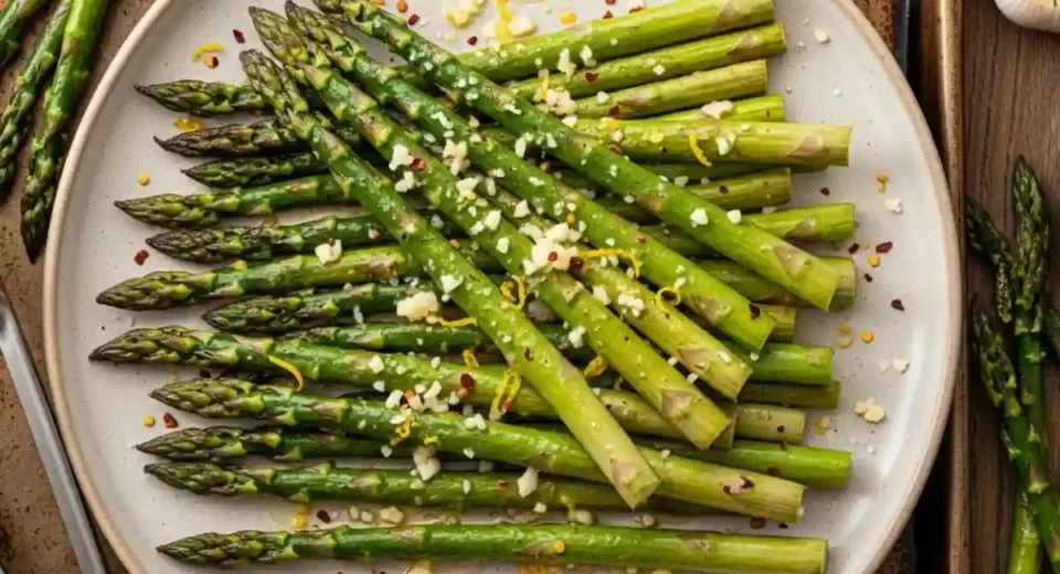 This oven-roasted asparagus side dish is coated in olive oil, garlic, lemon, and Parmesan