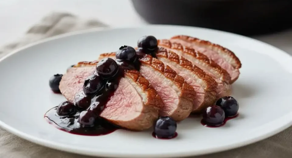 Crispy-skinned duck breasts seared