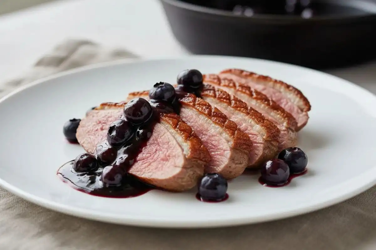 Crispy-skinned duck breasts seared