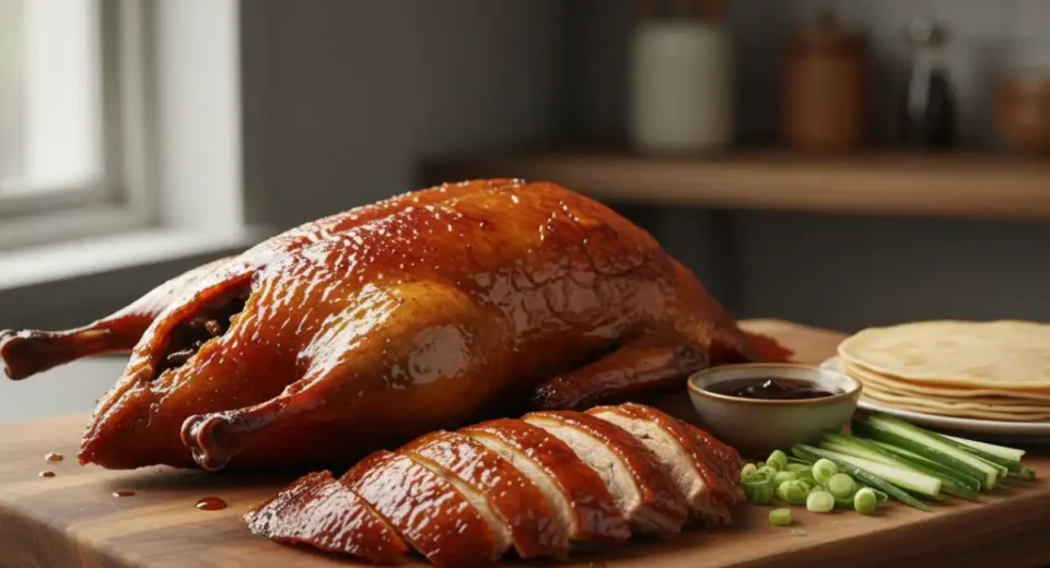Simplified Peking Duck with crispy skin, tender meat, and hoisin‑loaded pancakes