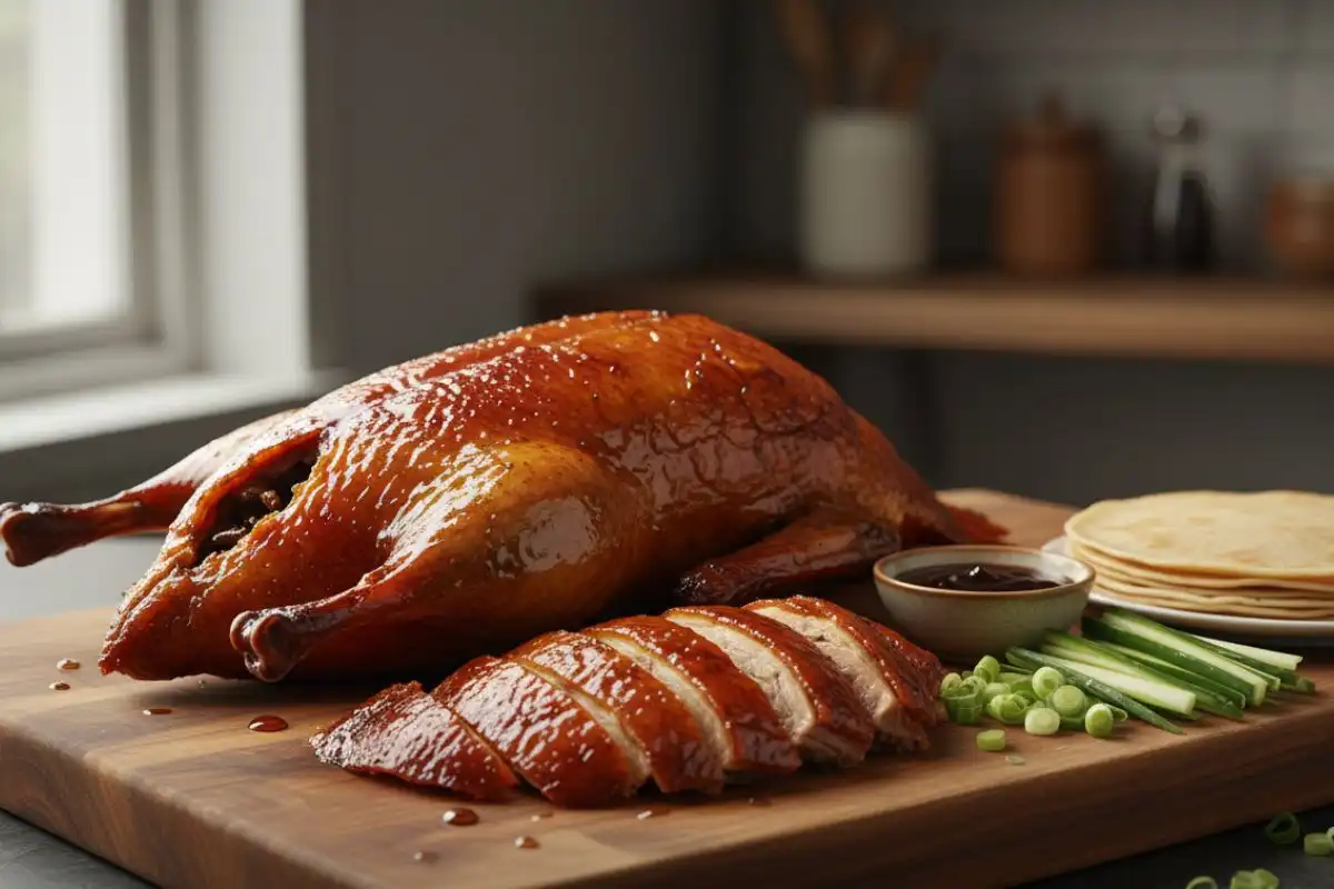 Simplified Peking Duck with crispy skin, tender meat, and hoisin‑loaded pancakes