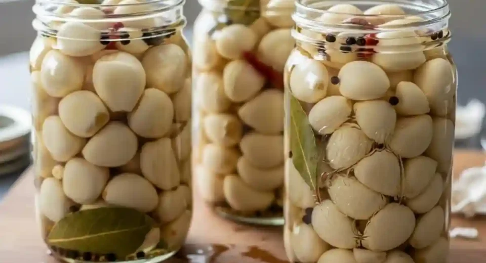 Whole garlic cloves pickled in spiced vinegar.