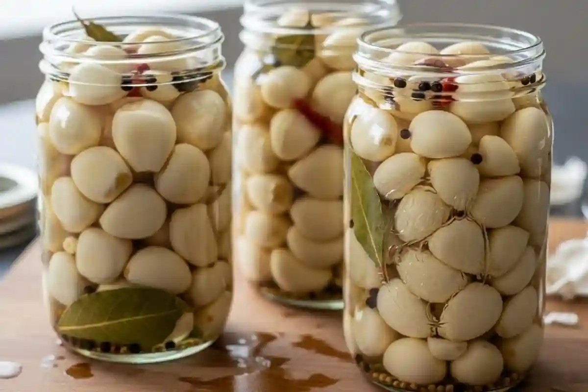 Whole garlic cloves pickled in spiced vinegar.