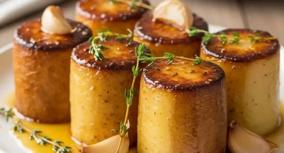 Braised whole potatoes in stock with buttery crusts.