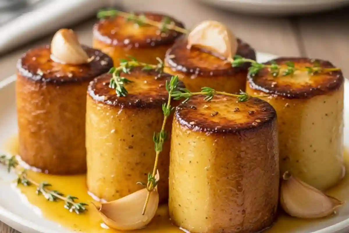 Braised whole potatoes in stock with buttery crusts.