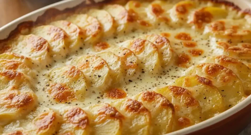 Thin potato slices cream gruyere baked crusty.