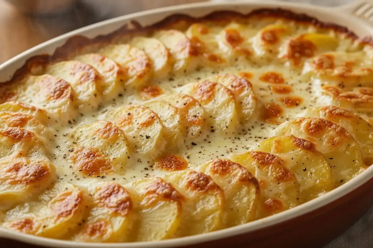 Thin potato slices cream gruyere baked crusty.