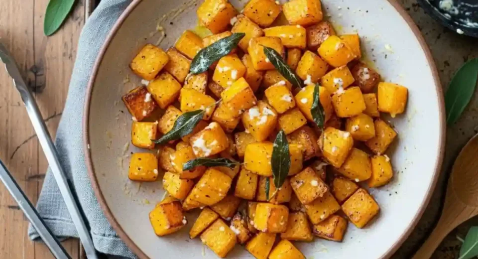 Roasted Butternut Squash with Sage Butter is an American-style side dish where butternut squash cubes roast until caramelized, then get tossed in nutty brown butter infused with fresh sage.