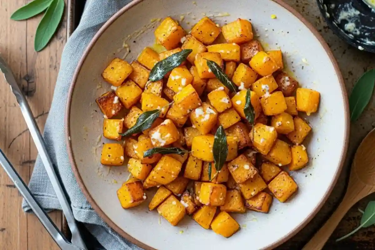 Roasted Butternut Squash with Sage Butter is an American-style side dish where butternut squash cubes roast until caramelized, then get tossed in nutty brown butter infused with fresh sage.