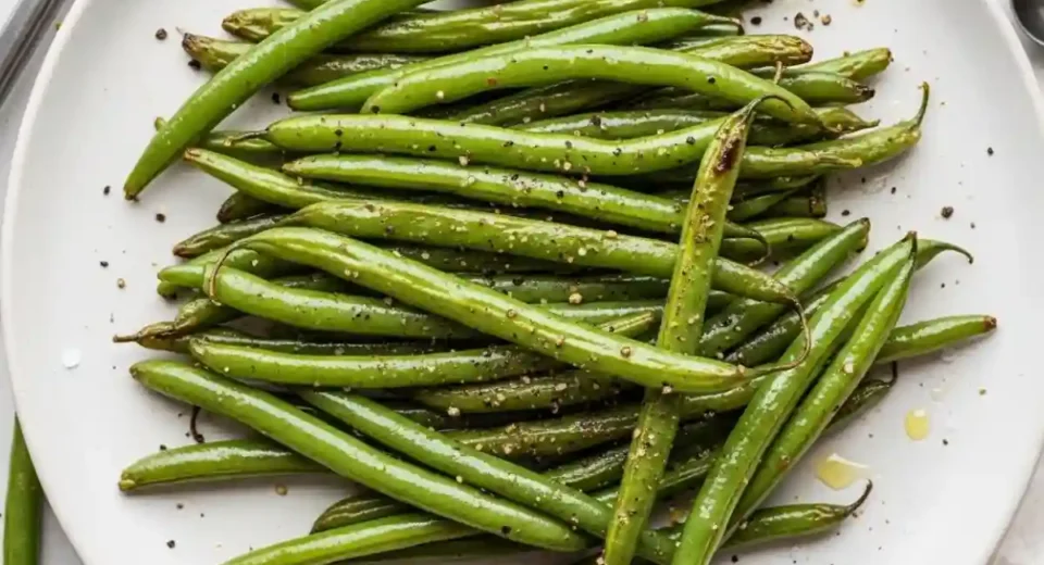 Olive oil roasted green beans crisp tender.