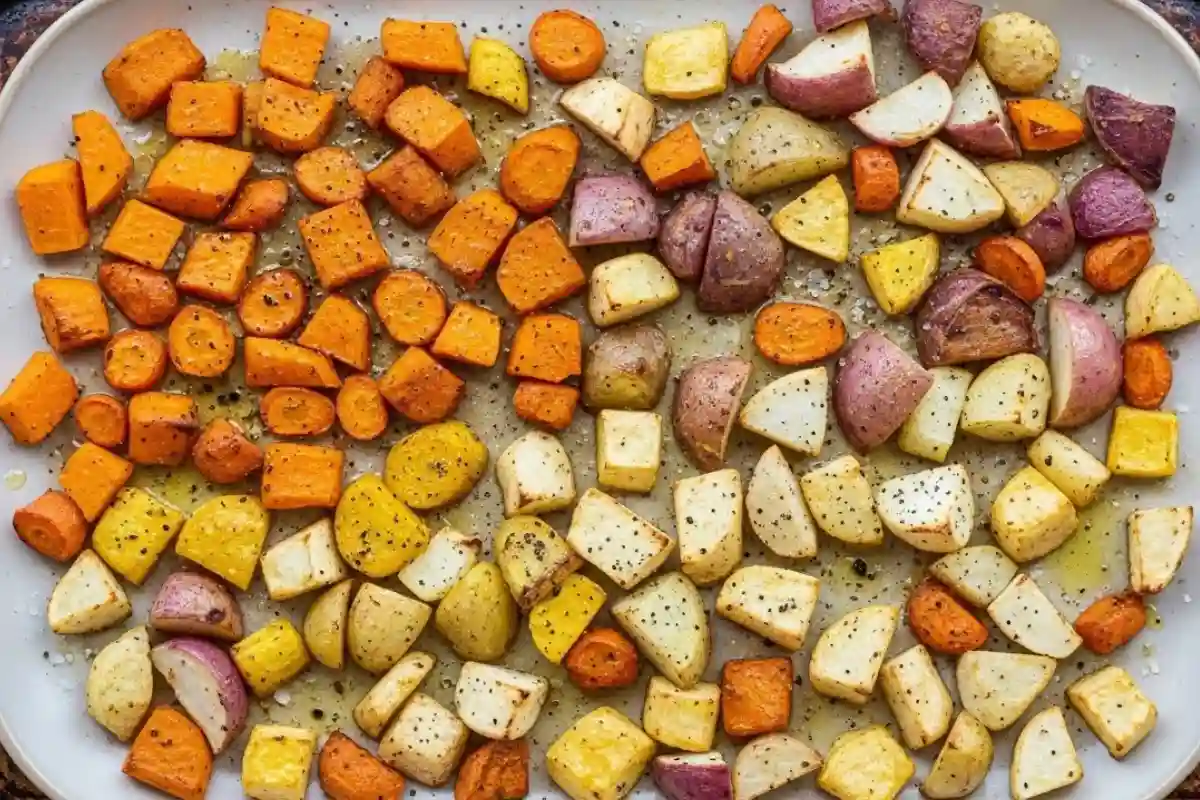 Butternut squash carrots sweet potato rutabaga parsnips turnips roasted crisp.