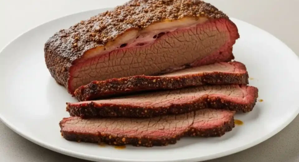 This slow-cooked beef brisket is seasoned with a flavorful dry rub and slow-roasted to perfection, creating a tender, juicy, and smoky dish.