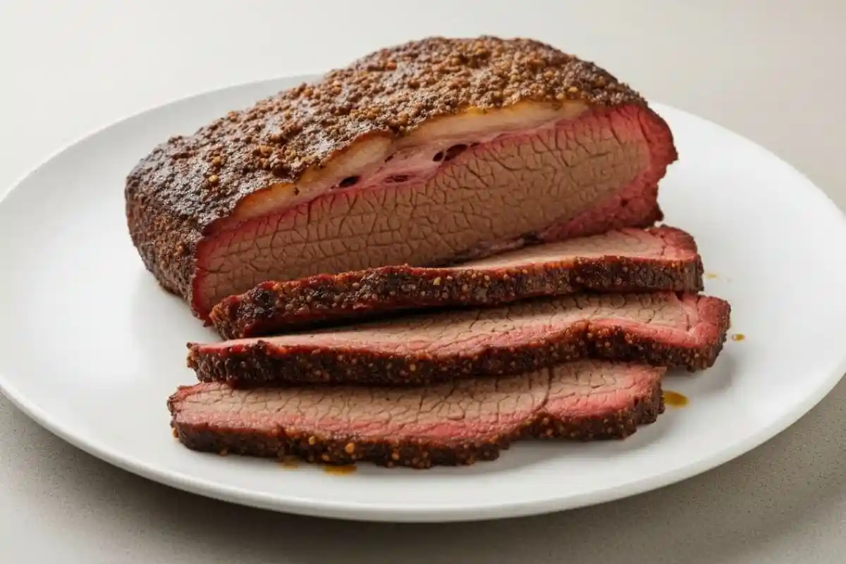 This slow-cooked beef brisket is seasoned with a flavorful dry rub and slow-roasted to perfection, creating a tender, juicy, and smoky dish.