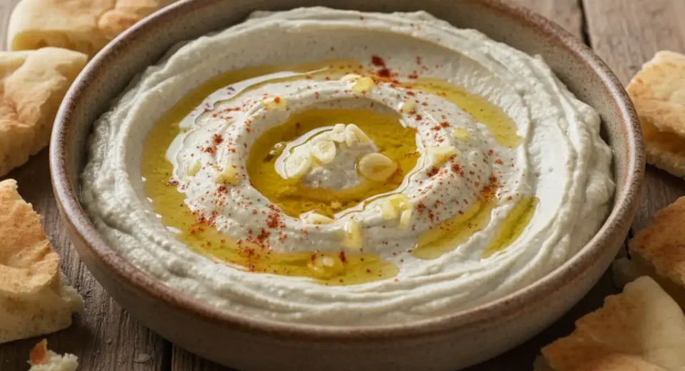 Charred eggplant tahini garlic dip silky smooth.