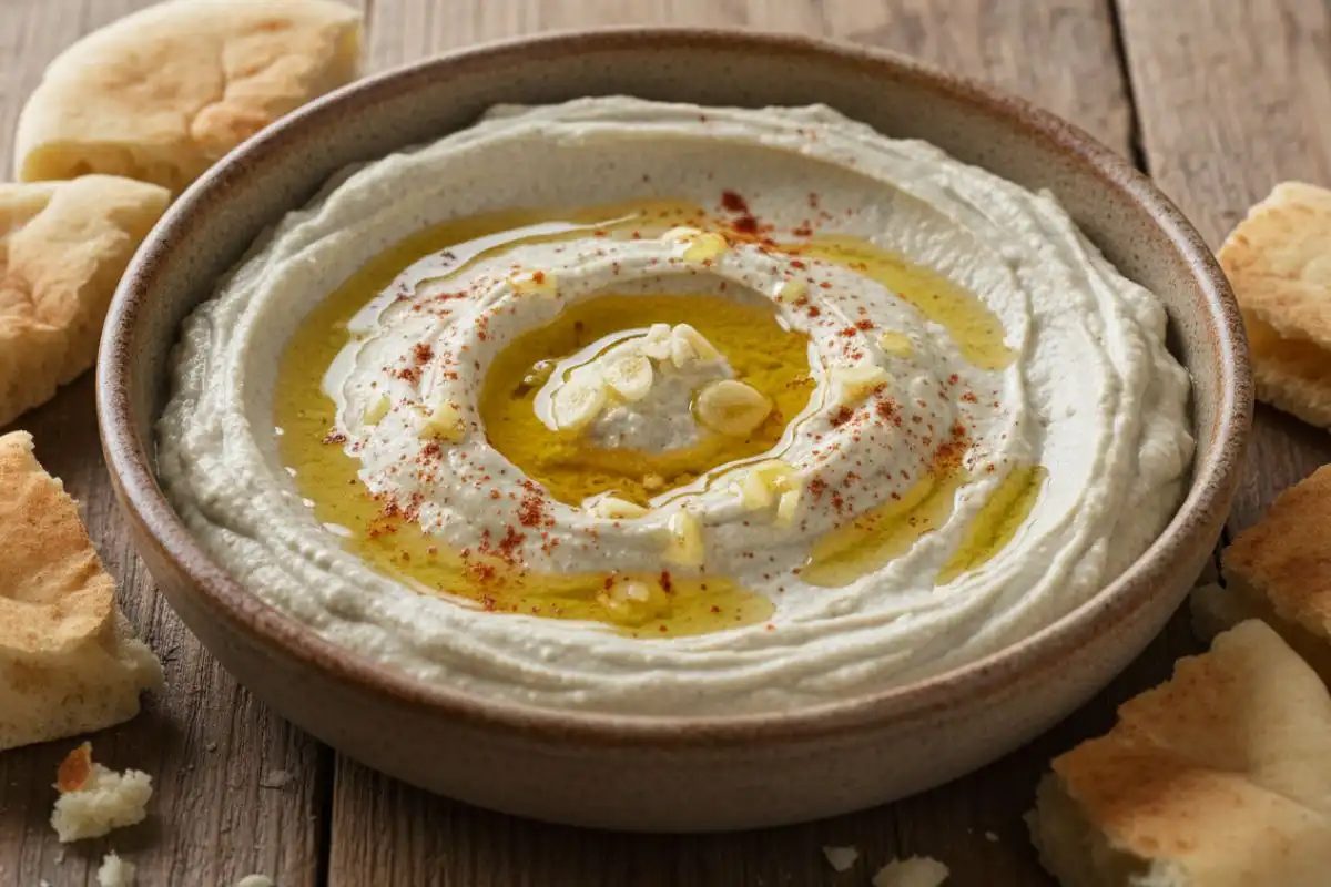 Charred eggplant tahini garlic dip silky smooth.