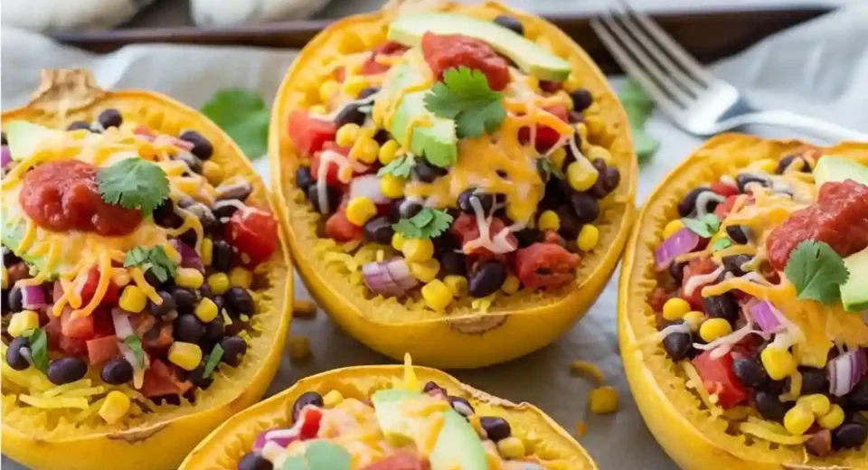 Southwest Spaghetti Squash Bowls with Black Beans are roasted spaghetti squash