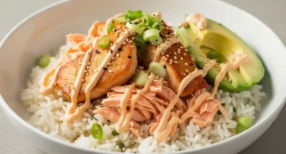 Tender salmon with a spicy mayo sauce, served over seasoned rice. A quick, flavorful Japanese-inspired dish.