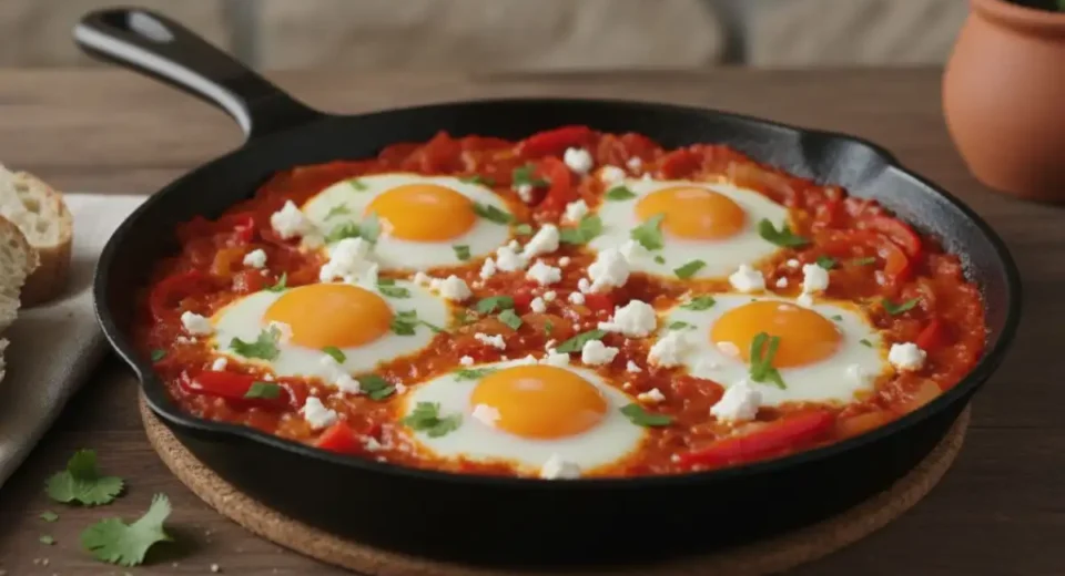 Tomato pepper sauce poached eggs feta crumble.