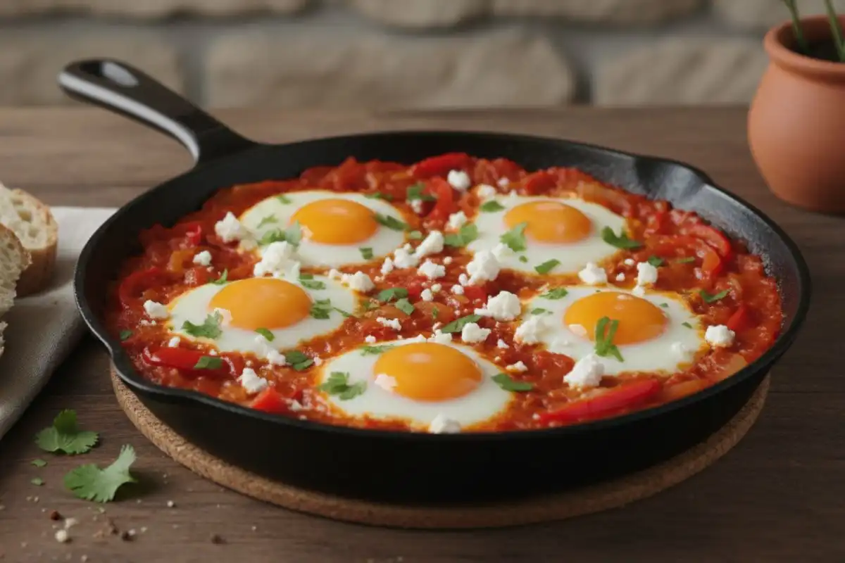 Tomato pepper sauce poached eggs feta crumble.