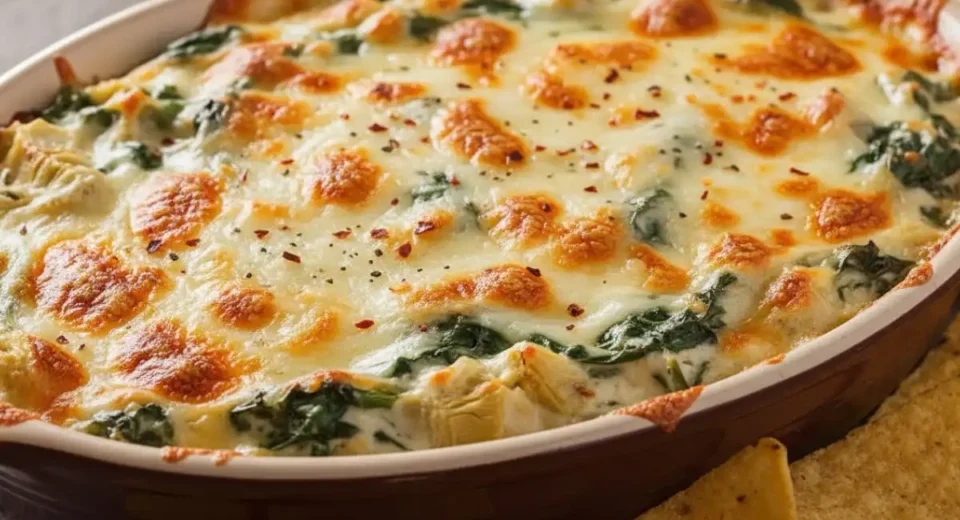 Creamy hot spinach artichoke dip baked cheesy golden.