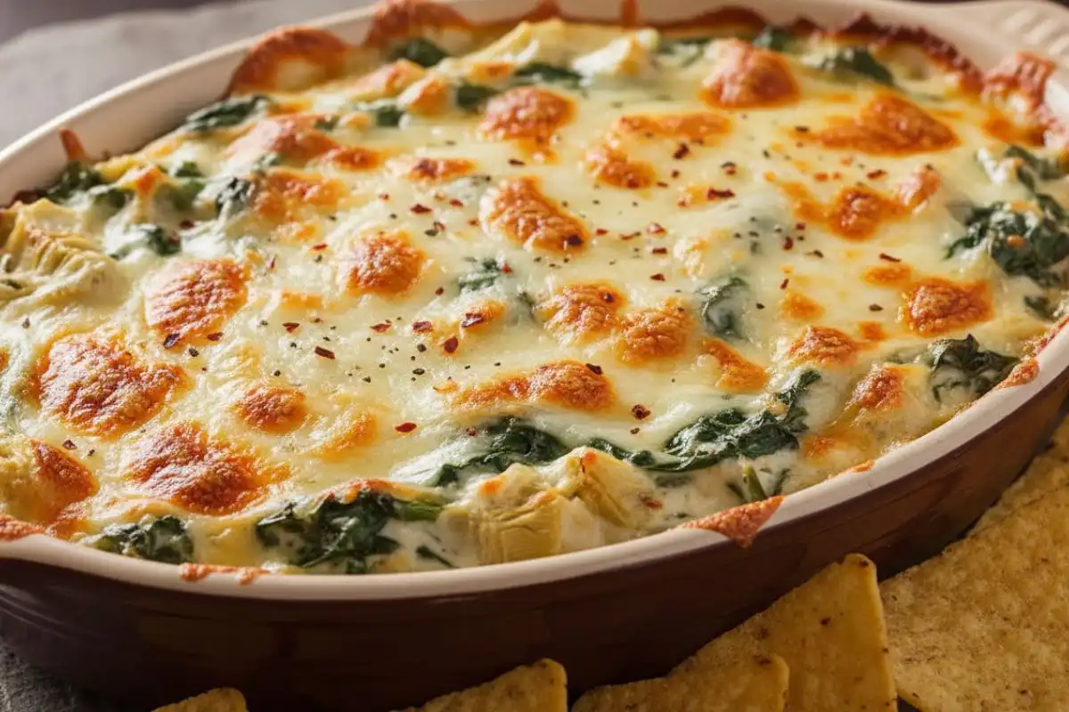 Creamy hot spinach artichoke dip baked cheesy golden.