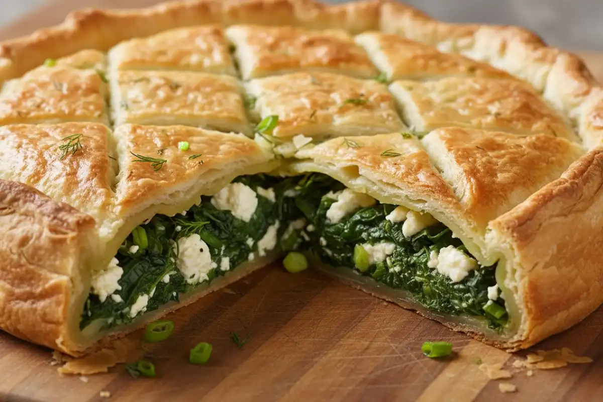 Flaky phyllo pie with spinach feta dill.