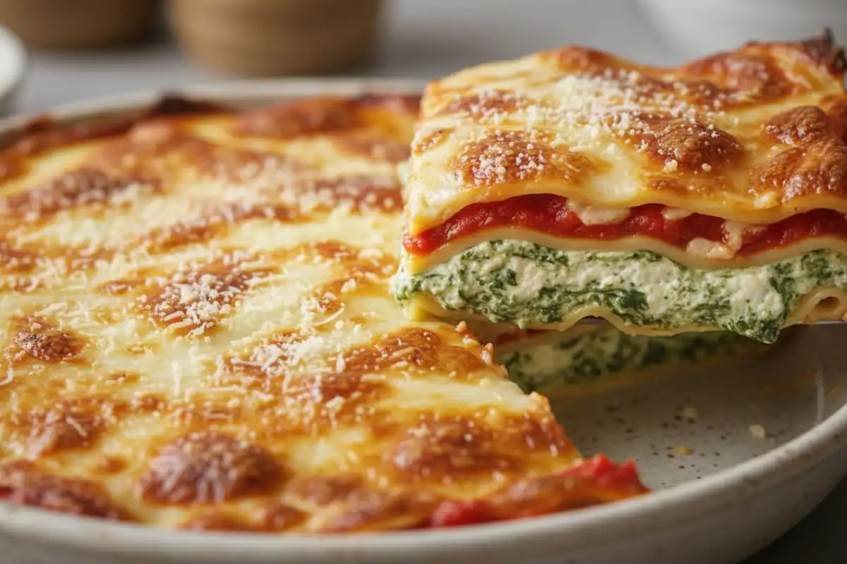 Layered no-boil lasagna with spinach ricotta and marinara.