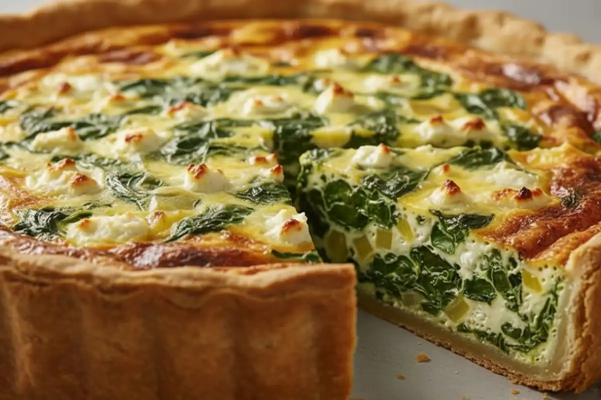 Flaky crust spinach feta custard quiche.