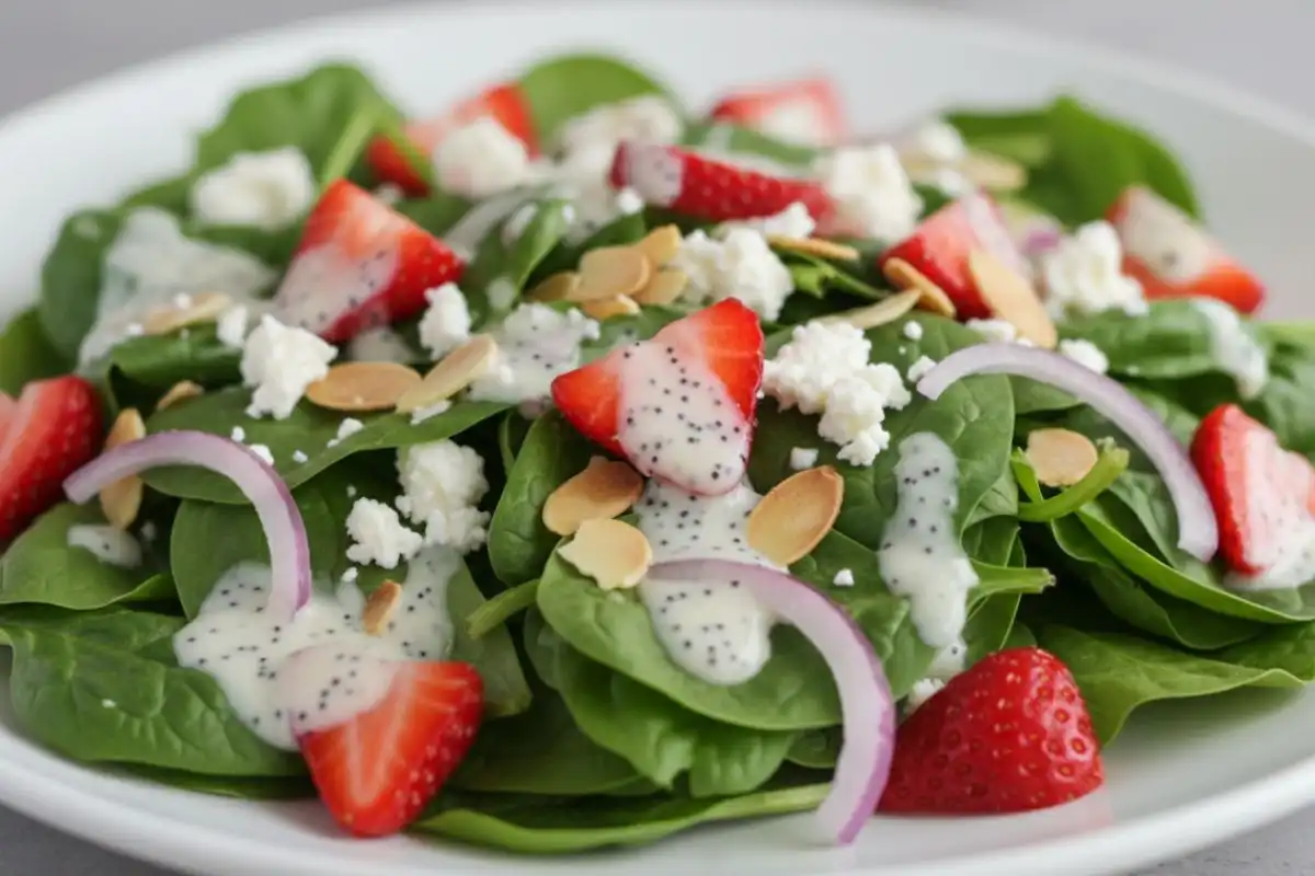 Fresh spinach strawberry feta salad with poppyseed dressing.