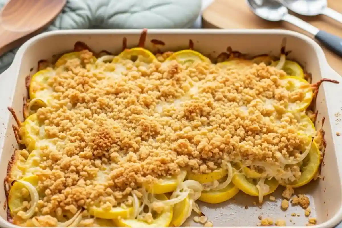 Cheesy Yellow Squash Casserole is an American-style side dish where sliced yellow squash and onions bake in a creamy