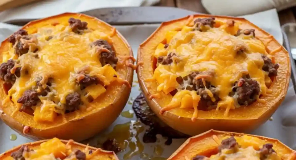 Stuffed Butternut Squash with Sausage and Cheddar is a hearty American main dish where roasted butternut squash halves are filled with a savory sausage, onion, and cheddar mixture