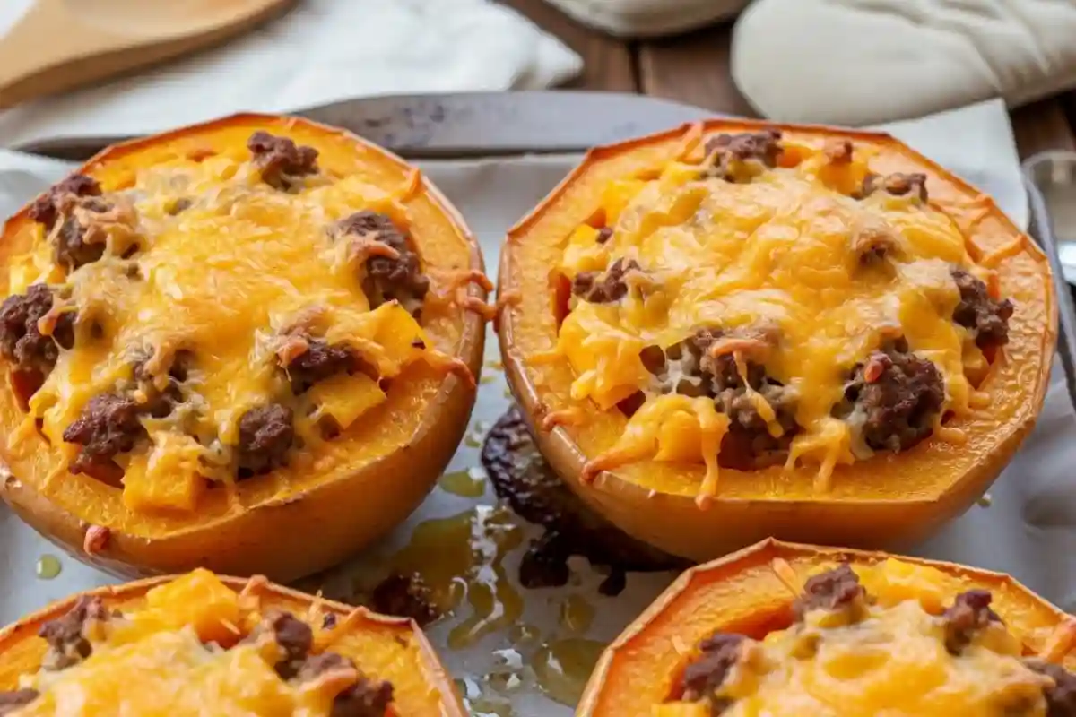 Stuffed Butternut Squash with Sausage and Cheddar is a hearty American main dish where roasted butternut squash halves are filled with a savory sausage, onion, and cheddar mixture